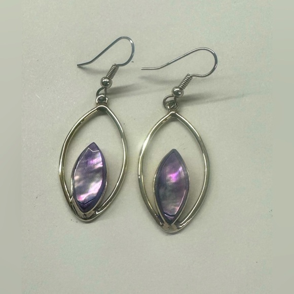 Vintage Taxco Mexican Alpaca Purple Abalone Teardrop Earrings - Picture 2 of 4